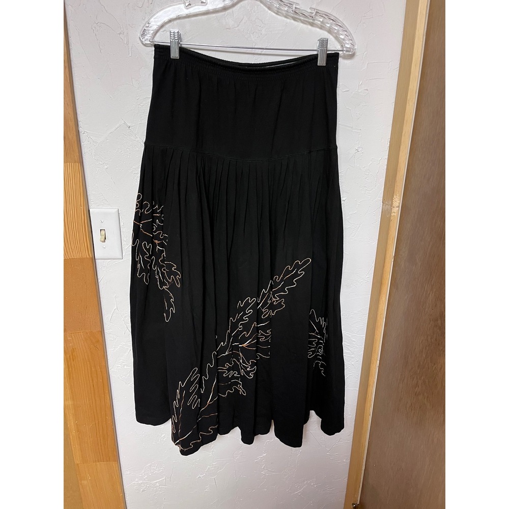 GENE EWING BIS Black Cotton Wrinkled Midi Skirt Size‎ S Leaf Print Elastic Waist